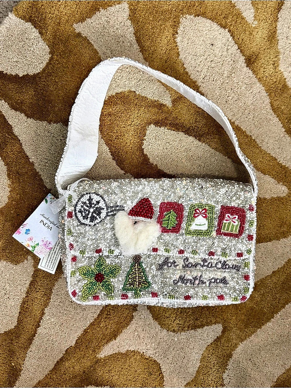 Beaded Christmas Holiday Shoulder Bag in Silver & White